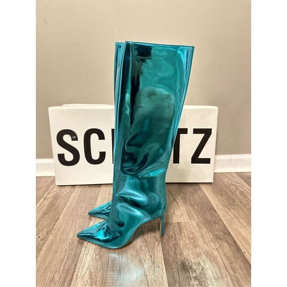 Schutz Mary Mary Up Turquoise Metallic Leather Pointed-Toe Knee-High Boots - Picture 11 of 12